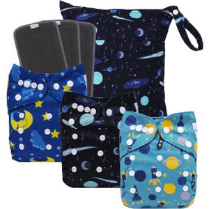 babygoal Reusable Charcoal Cloth Diapers with Double Gussets, 3 Pack Washable Baby Pocket Diapers with 3pcs Charcoal Inserts and Wet Dry Bag(Space,Moon,Star,Rocket)