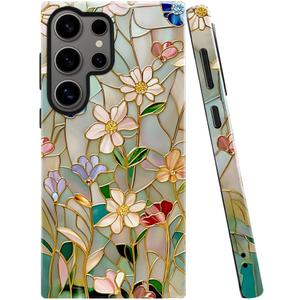 Case for Samsung Galaxy S25 Ultra,Stained Glass Bloom Flower Phone Case Drop Resistant Glossy 2 in 1 Solid Dual-Layer Cover for Girl Women