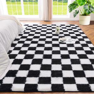 Andency 8x10 Ft Black and White Area Rug for Living Room Classic Checkered Shaggy Rug Non-Slip High Pile Soft Fluffy Rug Fuzzy Carpet Bedroom Kids Toddler Room Nursery Playroom, Cute Dorm Home Decor