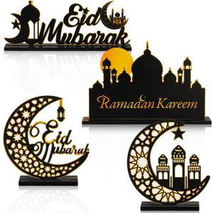 GlikCeil 4 Pcs Eid Al Adha Wooden Table Centerpieces Moon and Star Ramadan Wood Sign Eid Mubarak Tabletop Decor Islamic Mosque Muslim Al Fitr Black Gold Detachable Tiered Tray Decor for Home