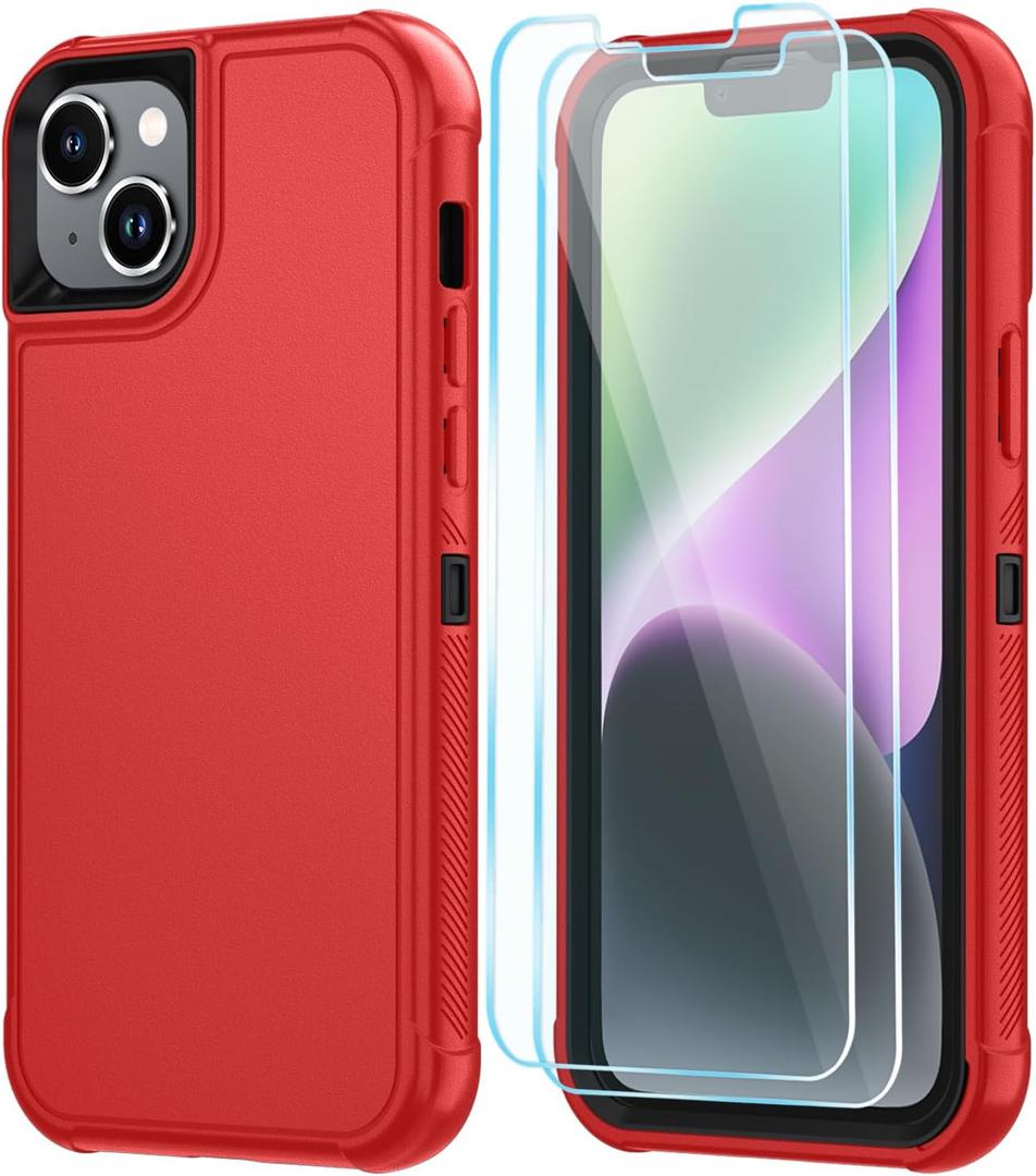 SunStory Compatible with iPhone 14 Plus Case with HD Screen Protector, 3-Layer Heavy Duty Full-Body Cover,3 in 1 Hybrid Protective Case for iPhone 14 Plus 6.7",Red