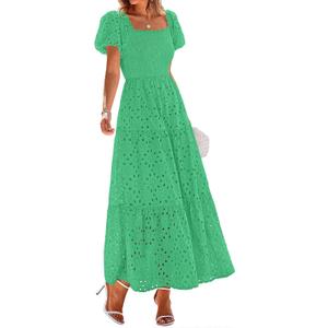 PRETTYGARDEN Womens Summer Eyelet Maxi Wedding Guest Dress | Square Neck Puff Short Sleeve Smocked Flowy Dresses, Cotton, With Pockets, Dress for Bridal Shower, Garden Party, Vacation (XXL)