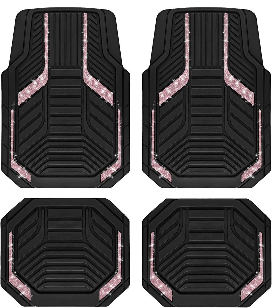 PIC AUTO Car Floor Mats, Pink Sparkly Crystal Bling Glitter Car Mats Set, Front and Rear Heavy Duty Rubber Car Mats with Anti-Slip Backing, All Weather, Trim-to-Fit for SUVs, Trucks, Sedan, Vans