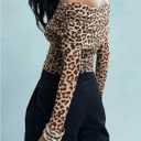 WDIRARA Women's Mesh Leopard Print Long Sleeve Off Shoulder Crop Top Slim Fit Casual Tee Shirt (Brown, L)