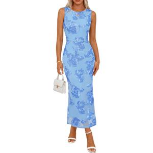 MEROKEETY Women's Summer Floral Bodycon Maxi Dress 2026 Slit Mesh Sleeveless Formal Wedding Guest Cocktail Party Long Dresses, Blue, Large