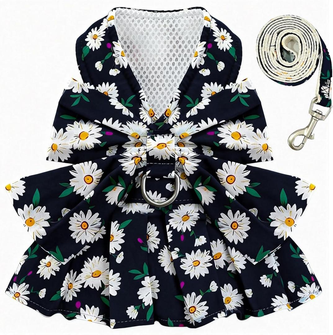 BAEJMJK Dog Dress Bowknot Harness Leash Set for Dogs Cats Daisy Floral Girl Dog Dresses Cute Puppy Princess Clothes Pet Doggy Outfits Spring Summer Breathable Dresses (Large, Navy Blue)