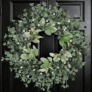 24-inch Spring Wreath Artificial Green Eucalyptus Leaves Wreath with White Berries for Front Door Corridor Garden Decoration Festival Party Wedding Office Green Decor