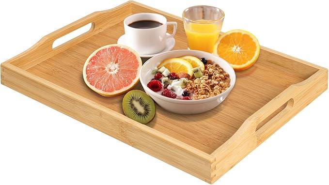 2 Pcs Wood Serving Tray with Handles – Decorative Serving Trays Platter for Breakfast in Bed, Lunch, Dinner, BBQ, Party E 38*25*5