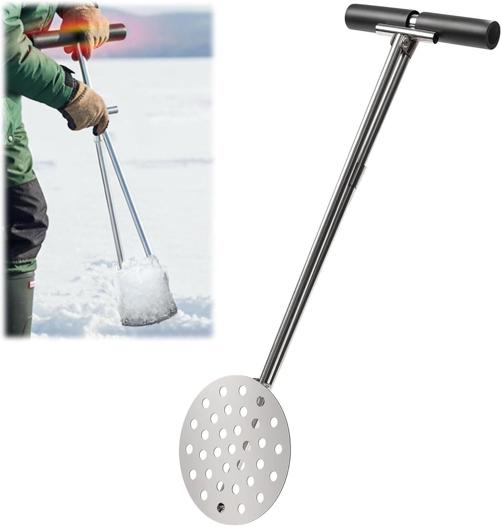 Heavy Duty Ice Fishing Scoop Skimmer, Ice Scooper for Ice Fishing Gear & Accessories, Fishing Tools with Foam Anti Slip Handle, Retractable Long Handle Design