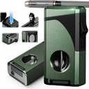 6-in-1 Triple Torch Lighter, with Holder, Punch, Straight & V Cutter, Draw Enhancer Tool, Included Gift Box for Men, Outdoor Multifunctional Accessories, Windproof Refillable Butane Lighter for Travel (Green)