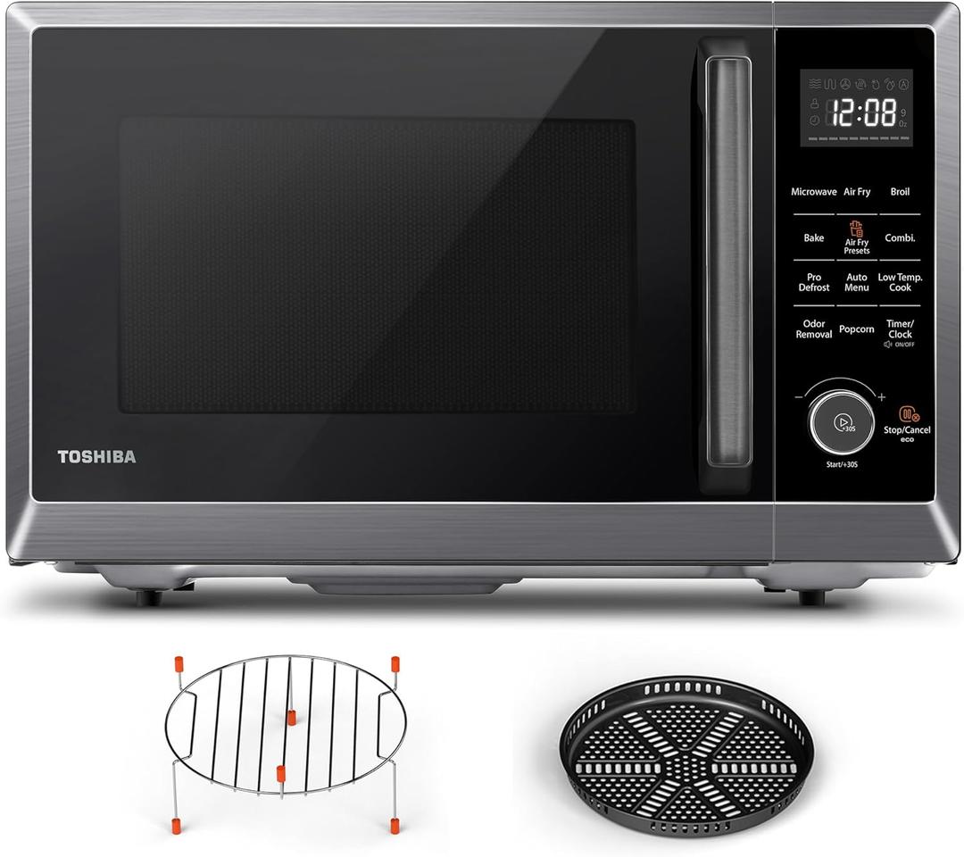 TOSHIBA Combo 8-in-1 Countertop Microwave Oven, with Convection, Broil, Odor Removal Mode, 12.4" Position Memory Turntable, Child-Lock, Black Stainless Steel, ML2-EC10SA(BS) A, Air Fryer-1.0 Cu.Ft