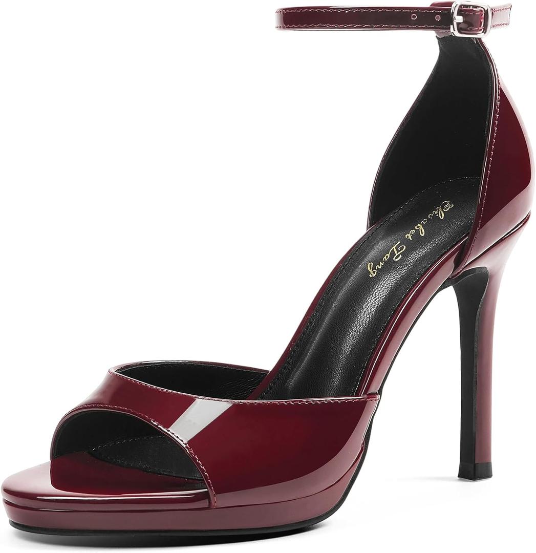 Elisabet Tang Woman's Round Open Toe Ankle Strap Heeled Platform Sandals Stiletto High Heel Sandal Dressy Sexy Wedding Party Shoes (7, Wine Red Patent)