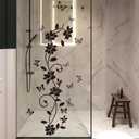 Black Flower Vine Butterfly Wall Stickers, sacinora Simplicity Floral Art Wall Decals Removable Vinyl Peel and Stick for Bathroom Living Room Bedroom Home Decorations