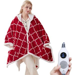 Westinghouse Heated Throw Blanket Wearable Shawl, Electric Wrap Poncho Blanket Hoodie with 6 Heating Levels & 2-10 Hours Time Settings, Winter Gifts for Mom Girlfriend Grandma, 50x60 Inch, Red (60*50" Heated Hoodie Blanket, Christmas Red&ivory)