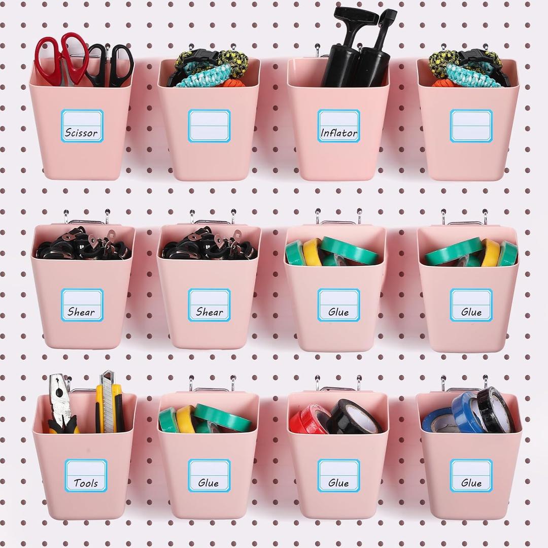 Namalu 12 Pack Pegboard Storage Bins with Labels and Hooks Bulk Peg Board Organizer Accessories Hanging Cup Organizer Pegboard Cup Holder (Pink) (4.7 x 4 x 5 Inch)