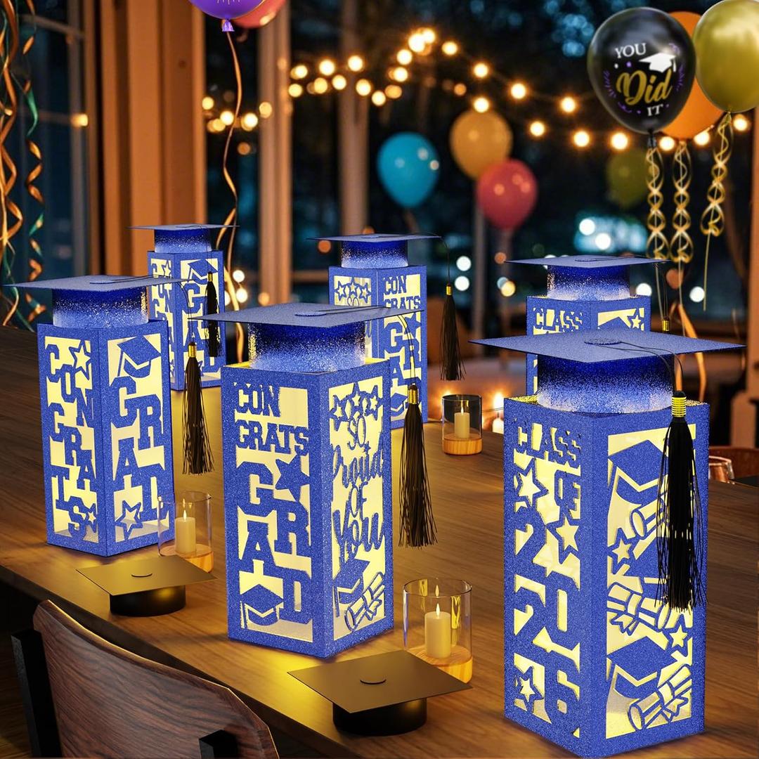 12 Pcs Graduation Table Centerpieces Boxes Class of 2026, Blue Graduation Paper Lanterns Boxes with String Lights Hollow Out for Congrats Grad School College Table Decorations Grad Party Photo Props