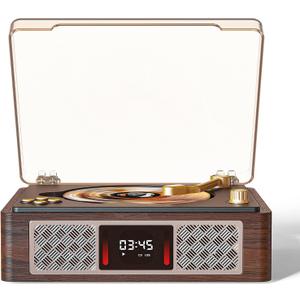 Retro CD Player with 3.5 mm Stereo Amplifier, Desktop CD Player Bluetooth for Home, Built-in Speakers/Headphone Jack/AUX/USB/LCD Screen Display with Remote Controls-Brown