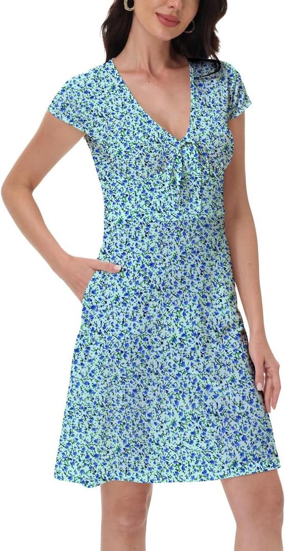 Women's Boho Summer Floral Short Sleeve Mini Dress Bow V Neck A Line Short Dresses (Blue, L)