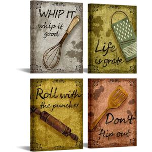 Quotes Kitchen Canvas Wall Art Decor Funny Inspirational Bakery Decor Prints Posters for Restaurant Cafe Bar Baking Framed Decorations Picture Set of 4 Each Panel 12x16inch