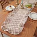 HunnmingRe 1 Pcs Brown Plaid Gingham Ruffle Table Runner 118 x 13.8'' Farmhouse Table Runner 100% Cotton Scalloped Long Dresser Scarves for Mothers Day, Dining Room, Wedding, Kitchen Rustic Home Decor