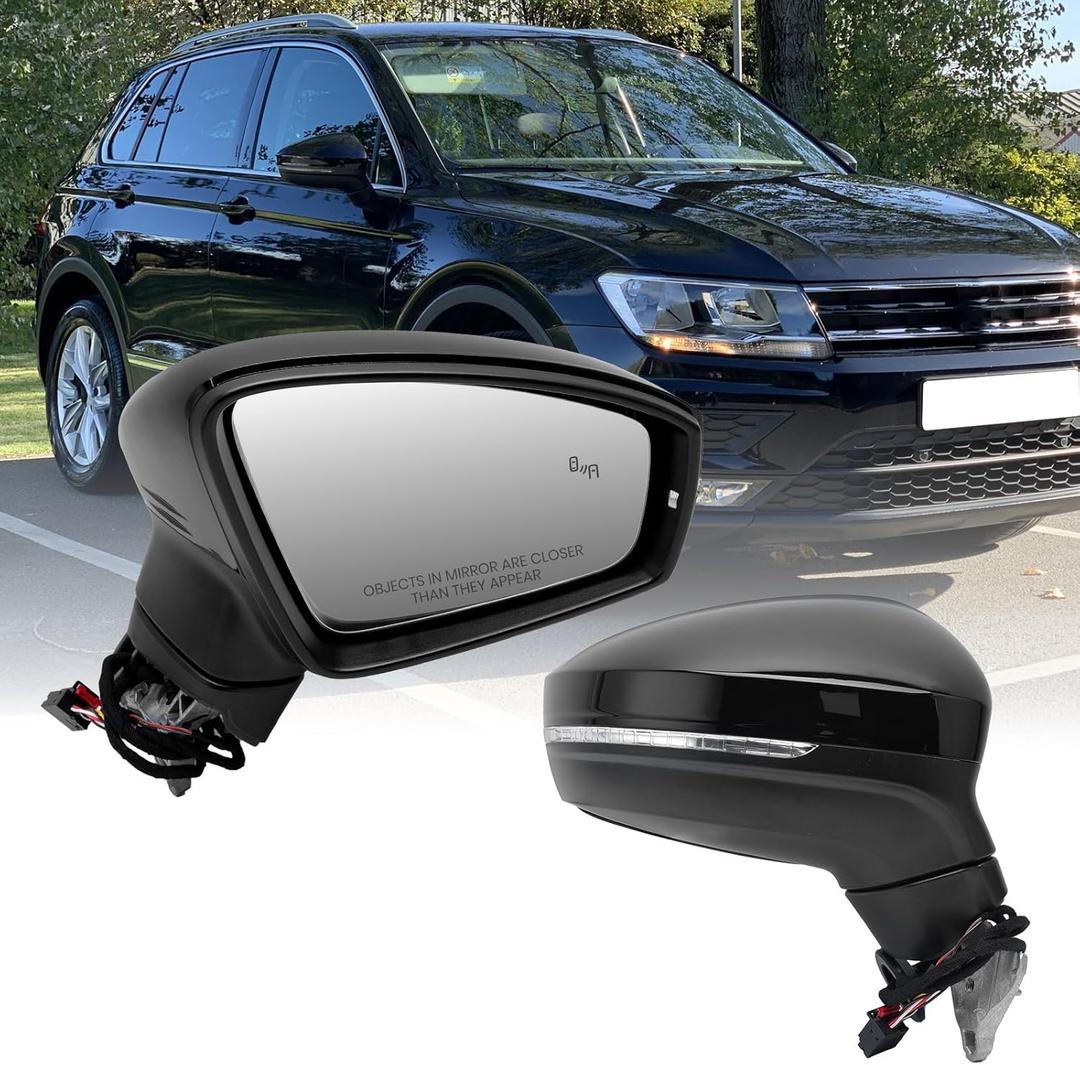 Right Passenger Electric Side Mirror Compatible with Volkswagen Tiguan 2018 2019 2020 2021 2022 2023 2024 2025 with Signal Light Heated with Blind Spot Power Glass Manual Folding (6+2 Pins) Black