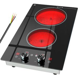 2 Burner Electric Cooktop 220-240V, 3000W Radiant Electric Stove Top with Built-in Design, 12 inch Knob Control Ceramic Cooktop with Safety Lock, 9 Level Power, Timer - Hard Wire