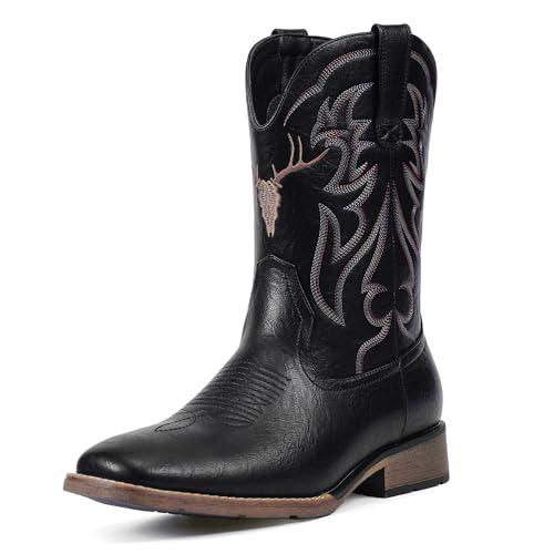 Rvminyta Cowboy Boots for Men Square Toe Western Boots Slip Resistant Country Boot Retro Classic Embroidered Pull On Boot for Festivals and Gift-giving, Size 11