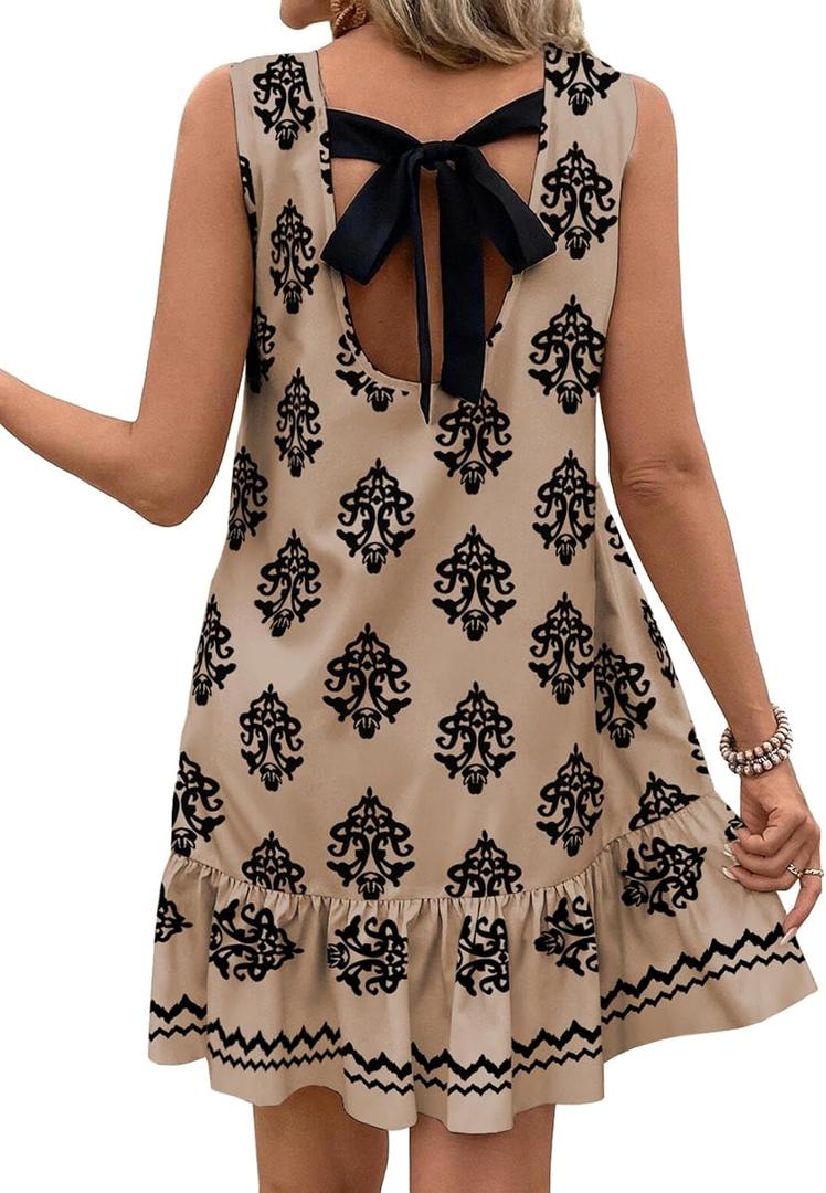 BLENCOT Womens Floral Dress Sleeveless Ruffle Mini Summer Casual Dresses (Large, Khaki)