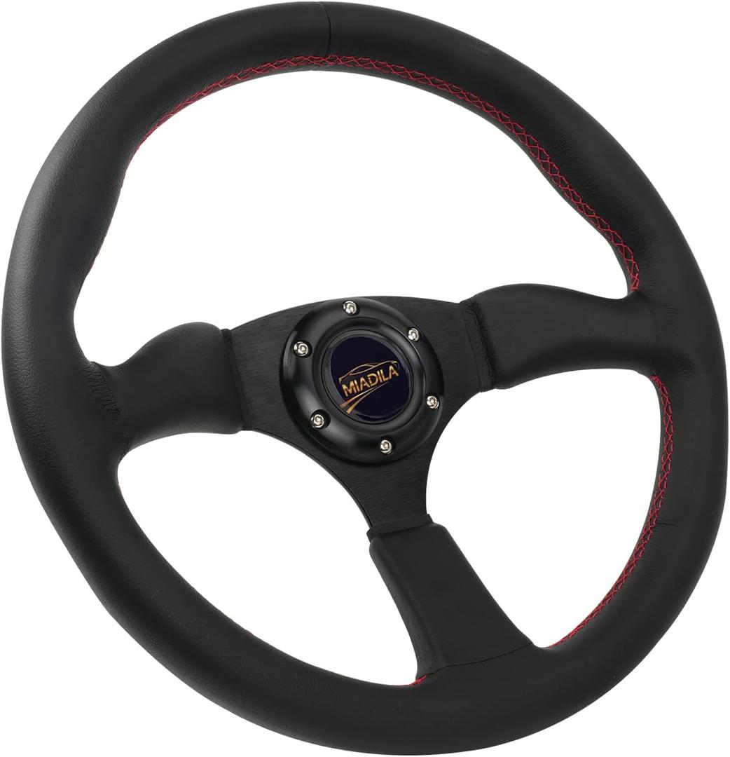 Universal 14 Inch Black Sports Racing Car 6 Bolts Genuine Leather Steering Wheel, Aluminum 3-spoke Steering Wheel with Horn Button
