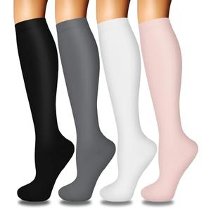 4 Pairs Compression Socks for Women Circulation-Best Support for Nurses,Running,Athletic,Travel ,Hiking,Yoga,Gym,Basketball,Baseball,Football, Soccer,White,Pink Knee High Sock Gifts L-XL