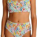 MAKEMECHIC Girl's Ditsy Floral Print 2 Piece Bikini Set Scoop Neck Ruched Triangle Beach Bathing Suit, Size: 15 Years