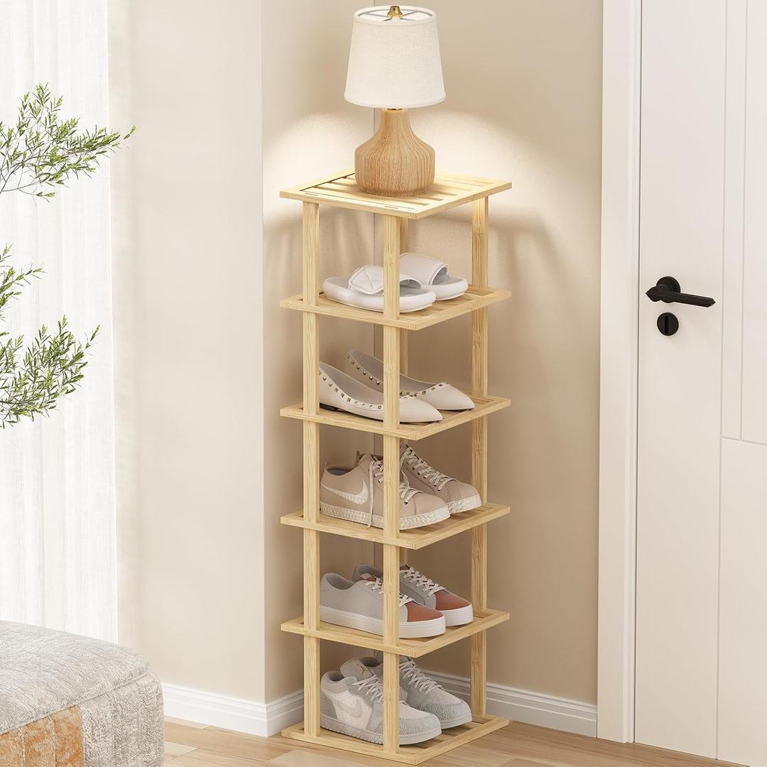 Bamboo Shoe Rack - Vertical Skinny Shoe Shelf Space Saving Storage, Front Door Entrance Closet Corner Garage (6 Tier, 6-layer Bamboo Yellow)
