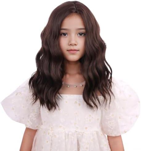 DUDUWIG Child Brown Wig Kids Short Chocolate Brown Wavy Curly Wig Girls Short Brown Side Part Wig Heat Resistant Synthetic Wig with Wig Cap