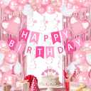 Pink Happy Birthday Party Decorations, Happy Birthday Banner, Pink Foil Heart Star Confetti Balloons Curtain Backdrop Hanging Swirls Butterfly Party Decor for Girls Women Princess