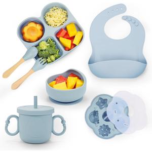 Silicone Baby Feeding Set, Baby Led Weaning Supplies, Baby Food Tableware Silicone Suction Plate, Bowl, Spoons, Fork, Waterproof Bib, Cup & Complementary Food Cake Mold, Baby Eating Utensils (Light Blue)