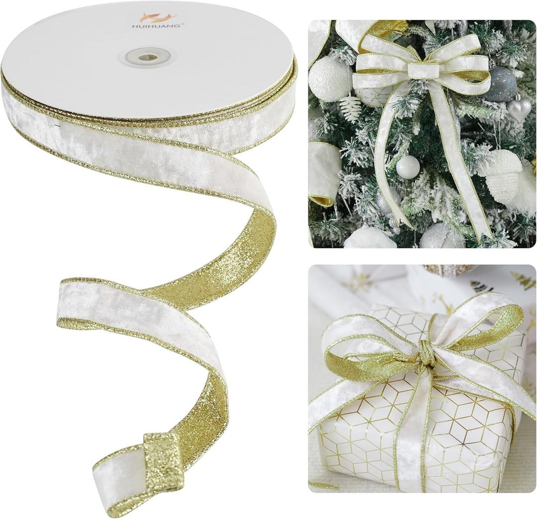 HUIHUANG White Velvet Wired Ribbon 1 inch x Continuous 20 Yards Velvet Ribbon with Gold Glitter Backing, for Christmas Tree Decorations, Gift Wrapping, Wreaths, Garlands, Bows Crafts- (Ivory)