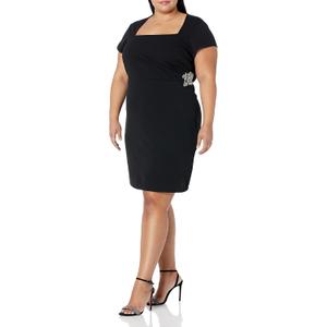 S.L. Fashions Women's Plus Size Short Sleeve Night Out Sheath Dress, Black Square Neck, 20W