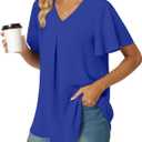 Anyally Women's Summer Dressy Chiffon Blouses V Neck Ruffle Short Sleeve Tunic Tops for Leggings Casual T-Shirts (Blue, XXL)