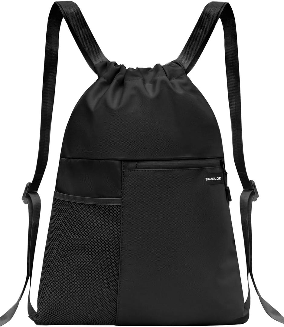 Drawstring Backpack with Mesh Pocket Water Resistant String Beach Swim Sports Gym for Women Men (Black)
