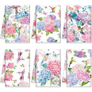 Oudain 6 Pcs Spring Kitchen Towels Decor Hydrangea Hummingbirds Floral Dish Hand Tea Towels Camper Towel Dish Drying Towel for Kitchen Spring Party Holiday Supply Bathroom Housewarming Gift
