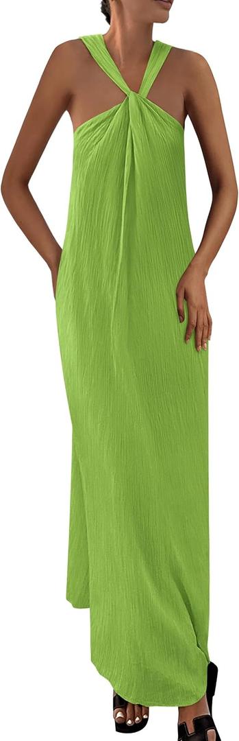 PRETTYGARDEN Women Sleeveless Casual Flowy Maxi Dress | Soft Lightweight Fabric, Strappy Loose Fit, Thick Shoulder Strap with Pockets, Beach Vacation Dresses, Trendy Summer Clothes (Green, M)