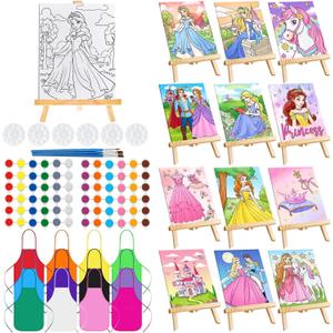 Ireer 12 Set Kids Paint Party Set 8 x 10 Sip and Paint Kit Include 12 Printed Pre Drawn Canvas Panel, Wooden Easels, Palettes, Pots, Apron 36 Brushes for Adult Student DIY Art Party(Princess)