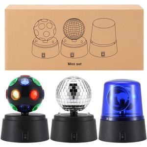 4.5” Disco Ball, Strobe lights, police light 3 in 1 glow in the dark party supplies. Battery operated party decorations, 360° Rotating stage lights, dj lights, mini disco car lights for disco parties.