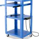 AV Presentation Cart Stand with Power Strip and Casters, Rolling Presentation and Media Cart on Wheels, Metal Construction, with Adjustable Shelves, 4 Wheels, 3 Outlets, 16.5ft Cord, Blue