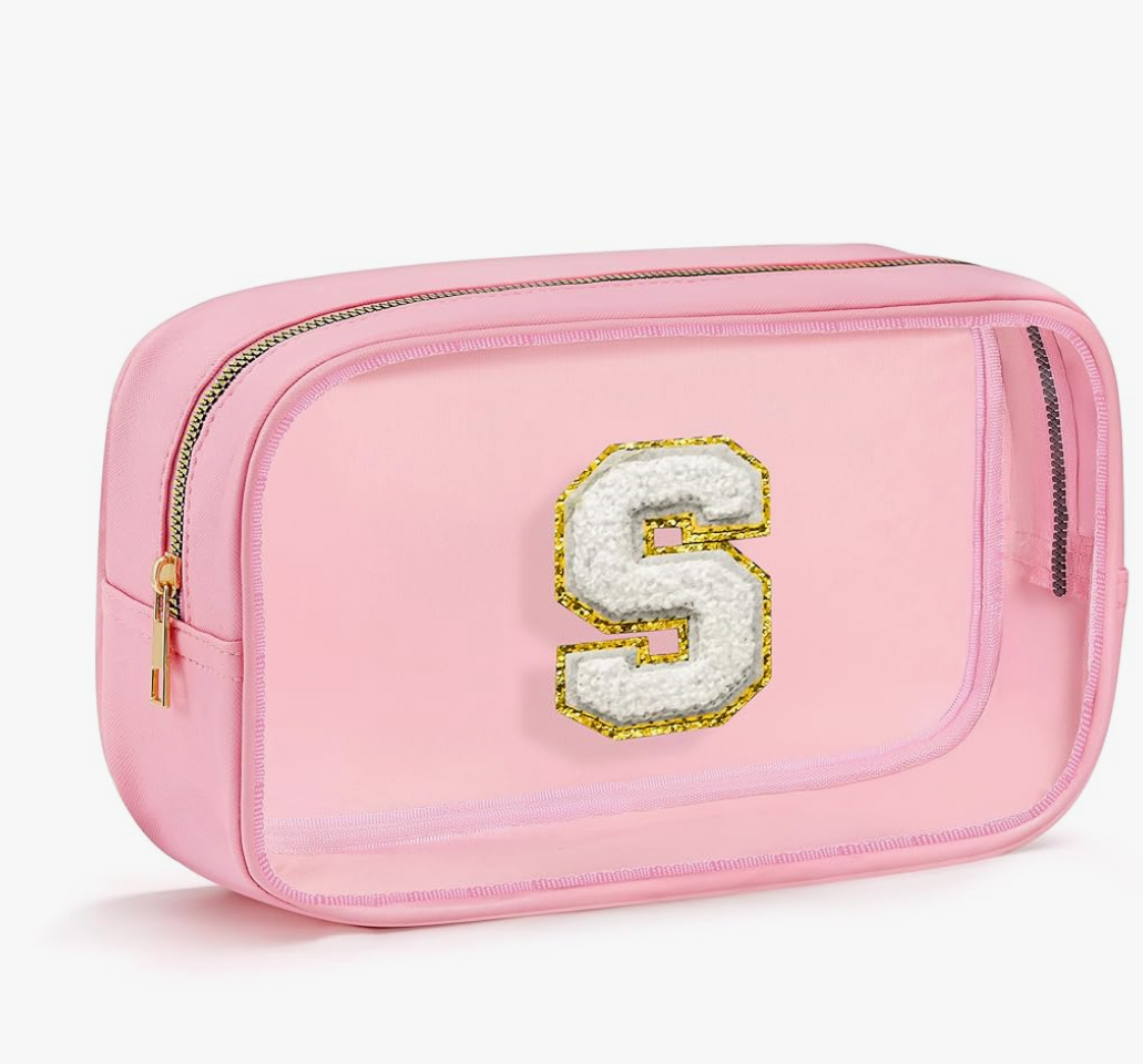 Clear Makeup Bag - Travel Toiletry Bag for Women, Small Cosmetic Bag Portable Waterproof Makeup Kit | Birthday Gifts for Women Travel Essentials (Pink Letter S)
