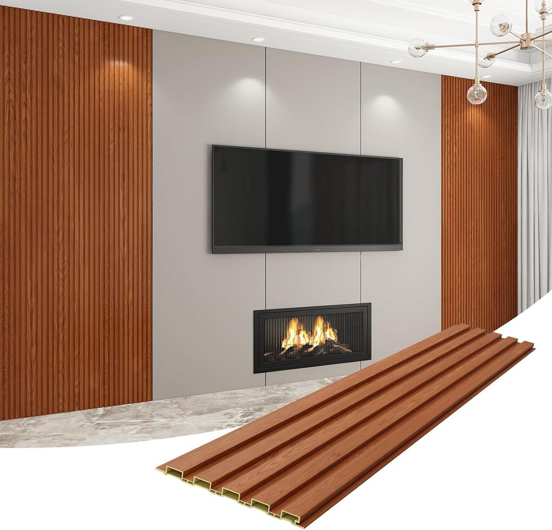 VESLARA 8-Pack WPC Wall Panels 118 x 6.3 3D Slat Wall Panel Acoustic Wall Paneling for Interior Wall Decor TV Background Kitchen Bedroom Teak
