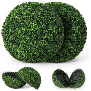 GOFLAME 2 PCS 19 inch Artificial Boxwood Topiary Balls, Faux Plants Decorative Boxwood Balls, Sun-Protection Indoor & Outdoor Round Greenery Decoration for Garden Porch Balcony Yard Home Wedding