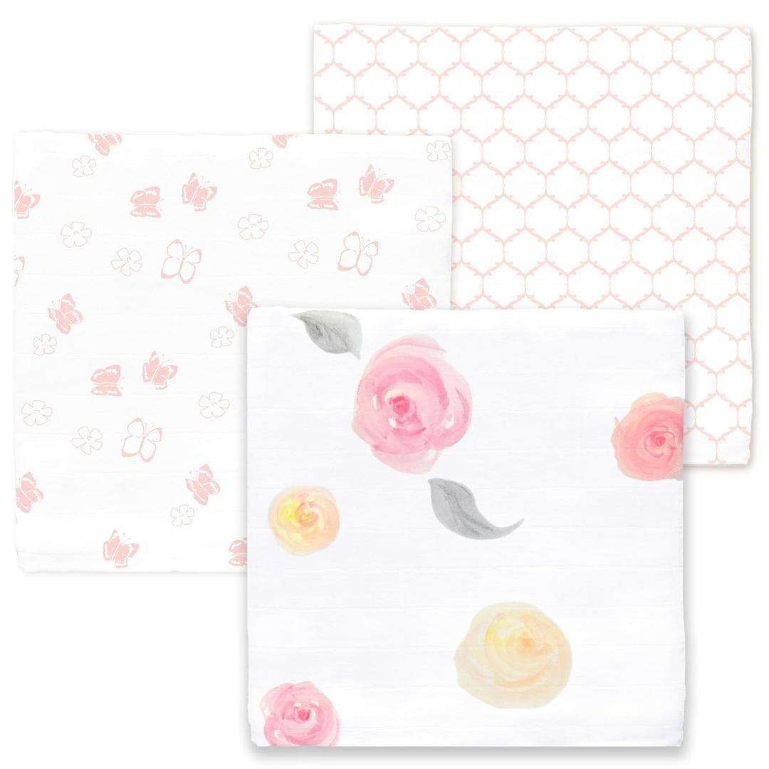 Amazing Baby Cotton Muslin Swaddle Blankets, Watercolor Roses, Pink, Pack of 3