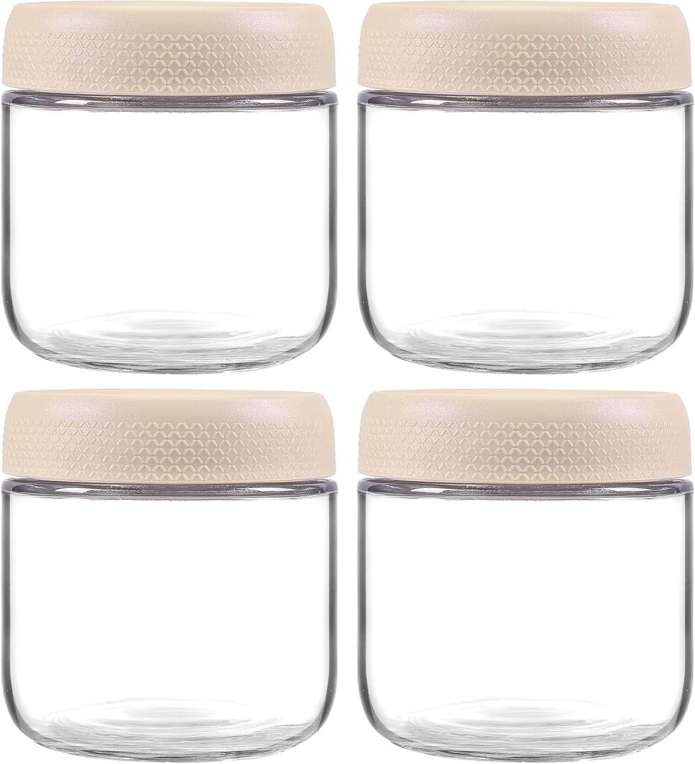 4 Pack Glass Clear Storage Canister with Airtight Lid, 12oz Overnight Oats Containers, Small Cute Decorative Pantry Jar for Snacks, Yogurt, Cereal, Fruit, Salad, Spice, Sugar, Coffee - Beige