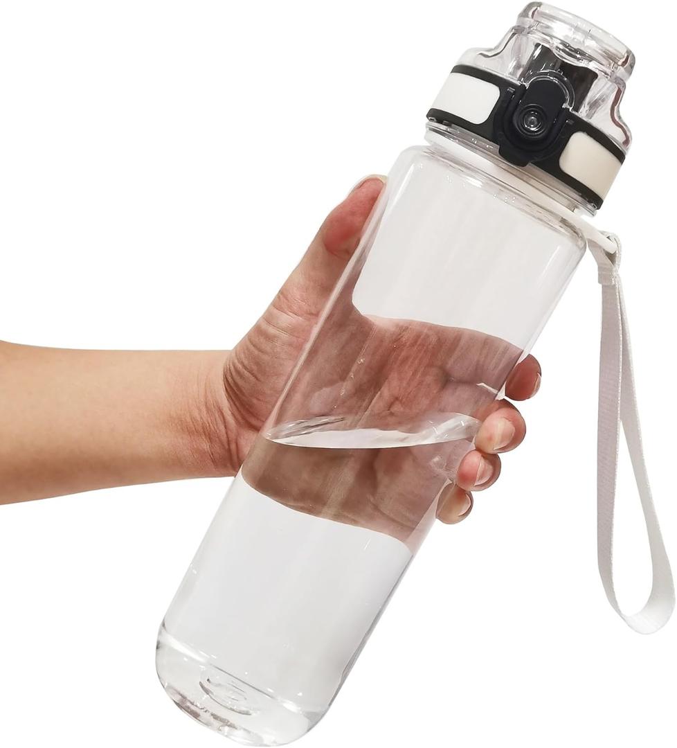Tritan Clear Water Bottle | No Markings 32oz Sports Water Bottle | Leak Proof Re-Usable Flip Top Plastic Drinks Bottles for School, Office, Gym, Cycling, Exams (Clear-32oz)